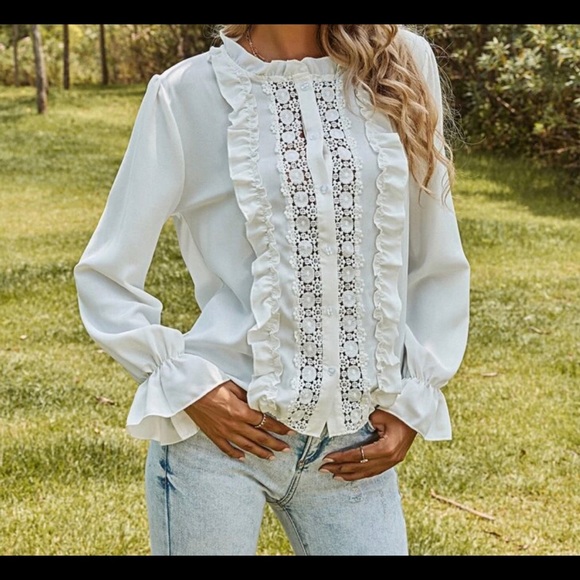 SHEIN Tops - Lace Ruffle Trim Button Up Top